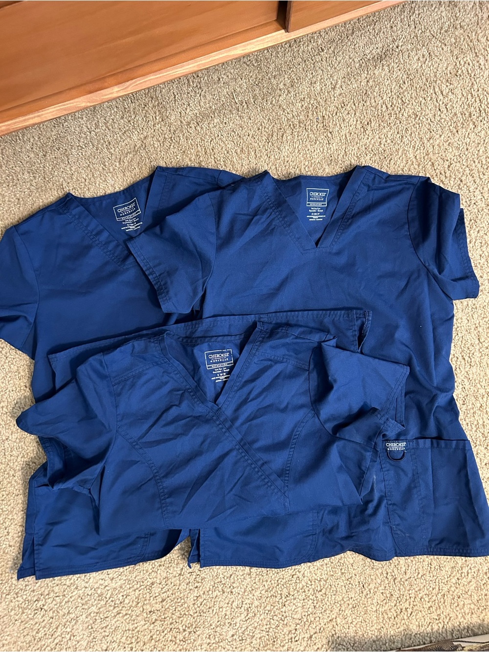Set of 3 pairs Cherokee navy blue scrub sets with zip up jacket